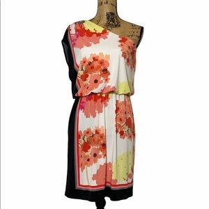 London Times One Shoulder Floral Dress - Black, Red, Pink, White